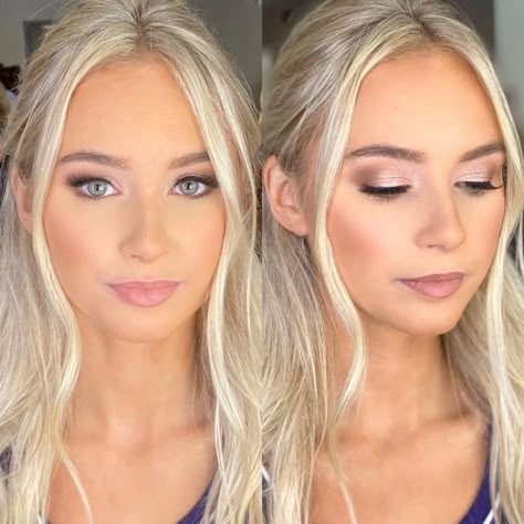 Cool Toned Bridesmaid Makeup, Natural Makeup For Blonde Hair Blue Eyes, Bridesmaid Makeup Gray Eyes, Blue Bride Makeup, Simple Makeup Looks Bridesmaid, Engagement Pic Makeup, Gold Bridal Makeup For Blue Eyes, Bridesmaid Makeup Grey Eyes, Airbrushed Wedding Makeup