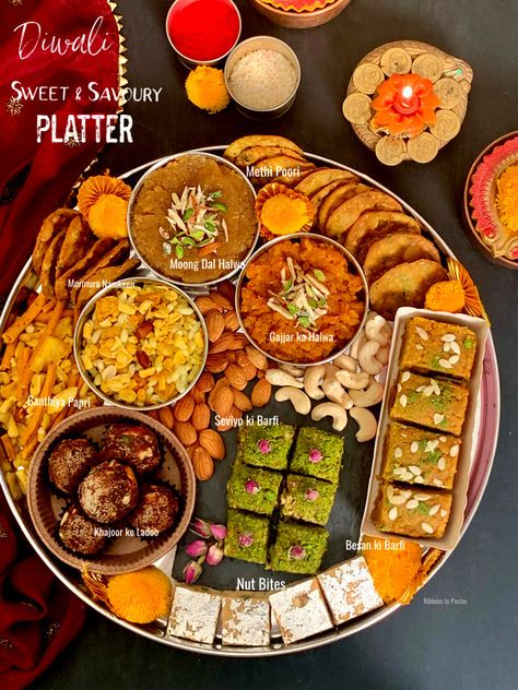 Diwali Sweet & Snacks Platter - Ribbons to Pastas Diwali Charcuterie Board, Chat Platter, Mithai Platter, Diwali Platter, Diwali Dishes, Diwali Desserts, Snacks Platter, Diwali Dinner, Charcuterie Food