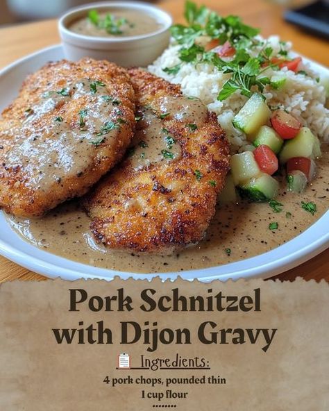 **Pork Schnitzel with Dijon Gravy** 🐖🍽️🥄 Picture the sizzle of golden pork schnitzel, crisp and perfect, kissed by the warmth of a pan. As you take the first bite, you’re met with the crunch of breadcrumbs and the tender heart of juicy pork, a bite that feels like home. But there’s more—*enter the Dijon gravy*. Tangy, buttery, and smooth, it dances on your tongue, bringing the richness of the schnitzel to life. This is more than a meal; it’s a moment of indulgence, a taste that wraps you in... Pork Schnitzel Dijon Gravy, Pork Snitzel With Dijon Gravy, Pork Schnitzel With Dijon Gravy, German Gravy, Pork Snitzel, Dijon Gravy, Jaeger Schnitzel, Pork Schnitzel Recipe, Schnitzel Recipes