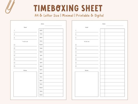 Time Boxing Template, Time Boxing Planner, Time Blocking Template, Time Boxing, A4 Planner, Time Tracker, Bookkeeping Templates, Personal Improvement, Time Blocking