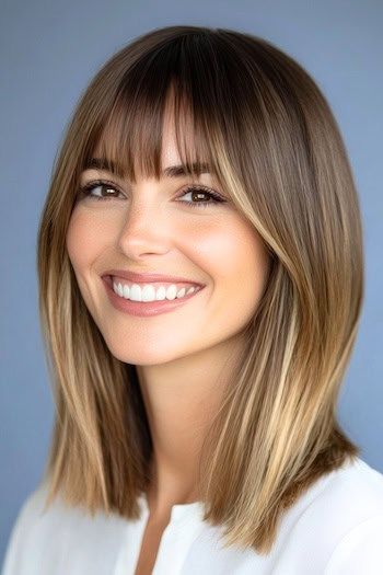 Save this pin for the best bob haircuts with bangs. This ombre long bob stands out with its gradual color transition, giving the hairstyle an extra layer of visual interest. The soft, blended shades create a subtle glow that works well with the length of the cut. Long Bob With Side Fringe, Short Shoulder Length Hair With Bangs, Kate Bryan Hair, Ombre Long Bob, Lob With Fringe, Styled By Susie, Mid Length Hair With Bangs, Long Bob With Fringe, Short Shoulder Length Hair