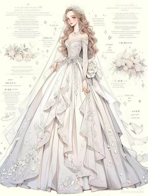 Outfits Dresses Casual, Fantasy Sketches, Fantasy Couture, White Bridal Dress, Ethereal Fashion, Dreamy Gowns, Dress Design Drawing, Fashion Design Patterns, Old Fashion Dresses