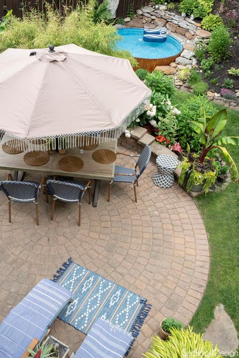 top view of small backyard with different seating areas Metal Patio Table Makeover, Patio Table Makeover, Metal Patio Table, Patio Umbrella Covers, Macrame Yarn, Spray Paint Colors, Creeping Jenny, Replacement Canopy, Solar Fairy Lights