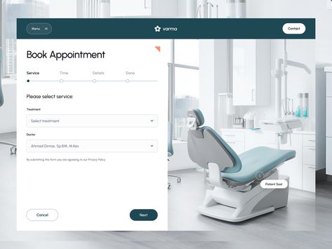 Varma - Booking Appointment Page by Nija Works on Dribbble Book An Appointment Web Design, Book Your Appointment Now, User Flow Diagram, Dental Website, Outdoor Space Design, Booking Website, Custom Furniture Design, Book Appointment, Web Ui Design