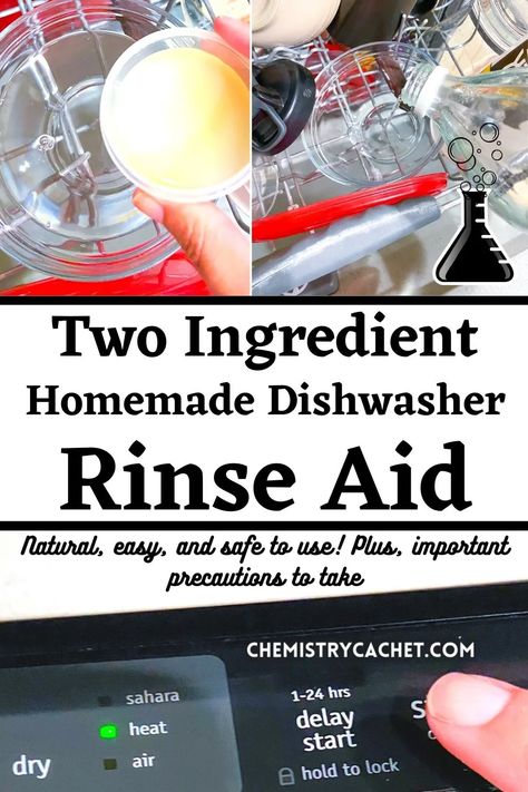 Are you looking for a homemade rinse aid for your dishwasher? Check out this natural, easy two ingredient option. This DIY helps cloudy dishes, hard water, bad odors, and even cleaning the dishwasher. Learn how it works, why it works plus important precautions to use when you make a homemade cleaner like this. Diy Dishwasher Cleaner, Homemade Dishwasher Soap, Diy Dishwasher Detergent, Dishwasher Rinse Aid, Homemade Dishwasher Detergent, Homemade Cleaner, Vinegar Rinse, Dishwasher Cleaner, Two Ingredient