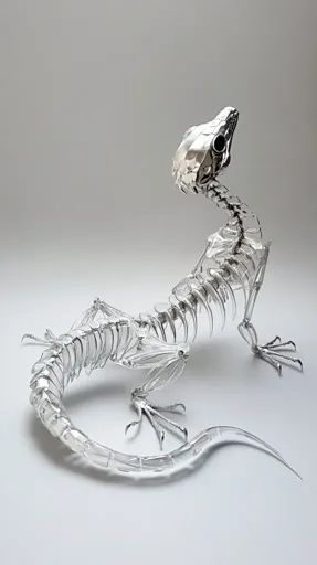 ↑↑↑ Larger size on website 🔸 A glass sculpture of a lizard skeleton is depicted. The sculpture is crafted in a realistic manner, Lizard Skeleton, Lizard Sculpture, Simple White Background, The Lizard, Simple White, Delicate Details, Glass Sculpture, Skeleton, Bones