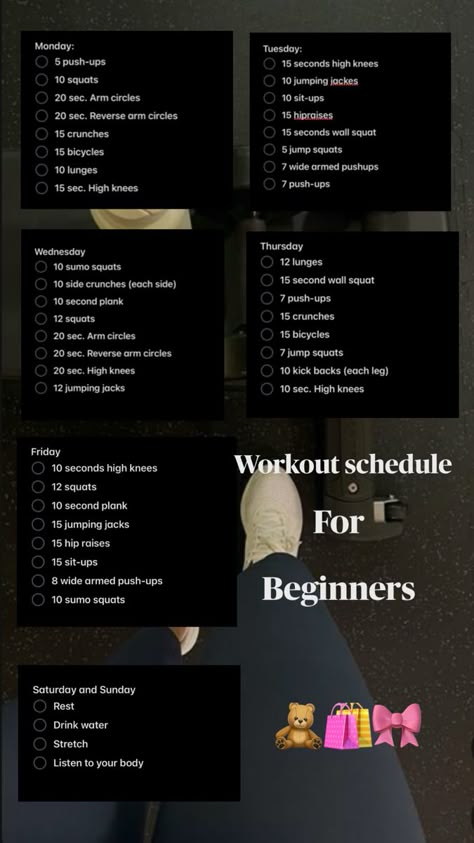 Workout schedule Work Out Schedule Weekly, Workout Days Schedule, Workout Schedule For Beginners, Beginner Workout Schedule, Home Workout Schedule, Schedule Ideas, Weekly Workout Schedule, Wall Squat, Side Crunches