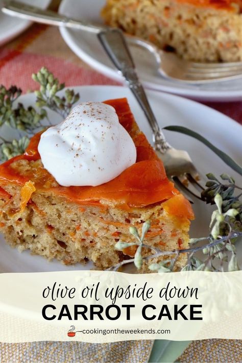 This Olive Oil Carrot Cake is full of warm spices and the sweet flavors of apricot and pineapple. The upside down cake brings easy-to-find ingredients together to make a show-stopping dessert! Spiced Whipped Cream, Carrot Spice Cake, 8 Inch Cake, Lemon Olive Oil, Cake Stuff, Chocolate Zucchini, Winter Dinner, Carrot Cake Recipe, Apricot Jam