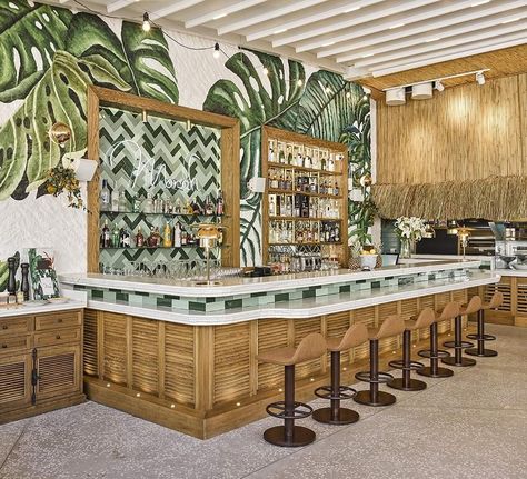 Tropical Paradise Theme, Beach Restaurant Design, Tikki Bar, Restaurant Exterior Design, Tropical Interior Design, Restaurant Exterior, Tropical Interior, Themed Cafes, Long House