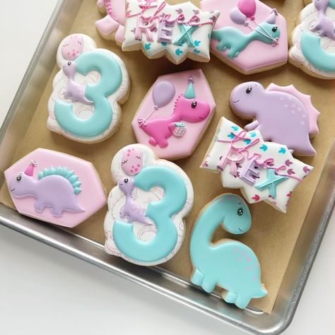 Sarah on Instagram: "Watch out! THREE-Rex is on the loose! 🦖   Dinos in party hats? Yes, please! Give me all the girly dinosaurs 🥰  #dinosaurcookies #threerexcookies #girlydinosaurcookies #hamptonva #yorktownva" Trex Three Birthday, Pink Third Birthday Party, Dinosaur Birthday Party For A Girl, Girl Three Rex Birthday Party, 3 Rex Cookies, Threerex Birthday Girl Party, Three Rex Birthday Party Girl, Girl Dinosaur Birthday Party, 3rd Birthday Girl