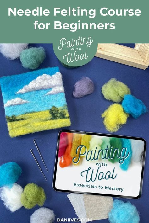 Learn Painting with Wool techniques and create beautiful needle felted fiber art! Online course with lifetime access, seven full projects to make (including this lovely landscape), and lessons that will enhance your needle felting skills and boost your confidence in art-making. Use these needle felting tutorials to level up your fiber art. Roving Wool Projects, Needle Felting Diy Tutorials, Wool Pictures, Painting With Wool, Felting Techniques, Fuzzy Felt, Needle Felting Tutorial, Needle Felting Supplies, Needle Felting Diy