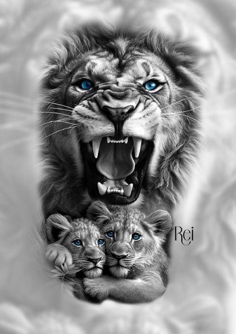 Arm Tattoo Realistic, Lion Family Tattoo, Family Tattoo Design, Lion Cub Tattoo, Family Sleeve Tattoo, Half Sleeve Tattoos Sketches, Cubs Tattoo, Lion Sketch, Tattoo Lion