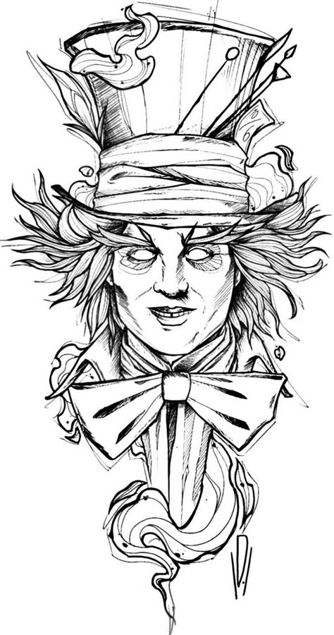 Drawing Outlines Sketch, Blackwork Tattoo Sketch, Anime Character Design References, Mad Hatter Drawing, Alice In Wonderland Drawing, Tattoo Art Drawings Sketches, Alice In Wonderland Drawings, Wonderland Tattoo, Tattoo Design Book