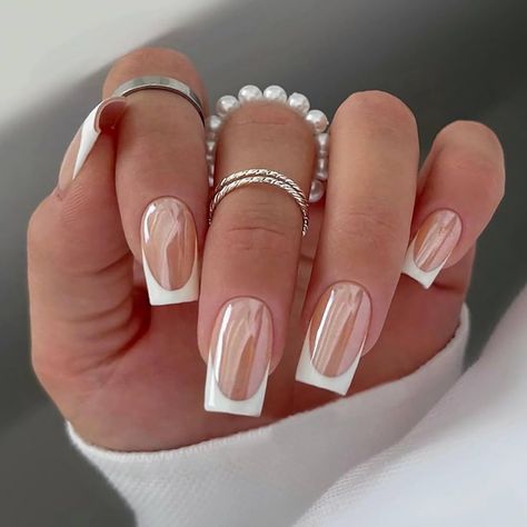 Nails Medium Square, French Manicure Nail Designs, French Press On Nails, Chrome French, Nails With White, White Tip Nails, Manicure Nail Designs, French Manicure Nails, Press On Nails Medium