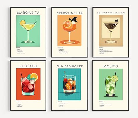 This modern minimalist alcohol drink wall art can provide you with a cozy atmosphere. You can decor this collection of classic cocktail and their formula artwork on blank walls in apartment, bar, living room, kitchen, hotel, dining room. Poster Danish Pastel, Cocktail Wall Art, Cocktail Wall, Retro Cocktail, Cocktail Poster, Cart Decor, Bar Poster, Cocktail Art, Bar Cart Decor