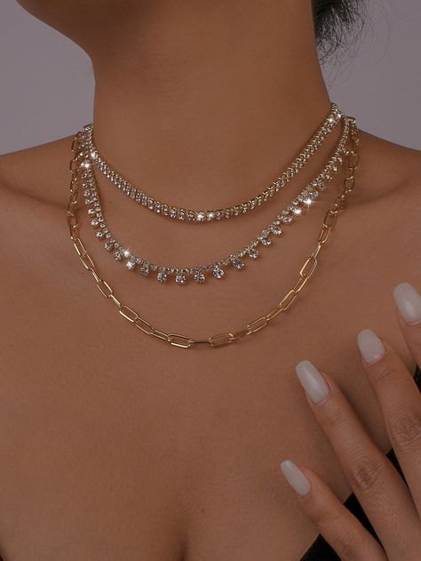 Gold Glamorous   Plastic  Layer Sets Embellished   Jewelry Gold Accessories Outfit, Glam Necklace, Prom Gold, Formal Ideas, Prom Necklaces, Prom Inspo, Holiday Photoshoot, Glam Outfit, Year 5