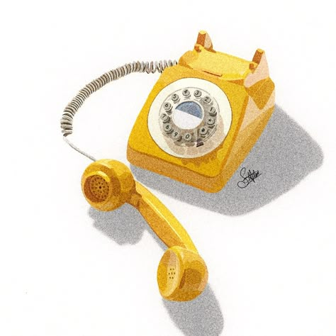 An aesthetic illustration of a yellow vintage telephone. Retro Telephone Aesthetic, Vintage Telephone Illustration, Retro Telephone Illustration, Vintage Telephone Drawing, Phone Off The Hook Tattoo, Old Phone Illustration, Vintage Phone Drawing, Old Phone Drawing, Telephone Sketch