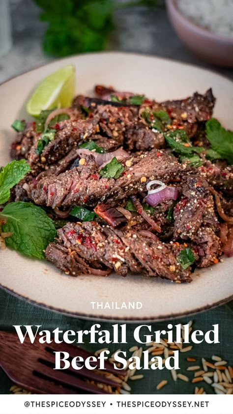 Beef Waterfall Salad, Nom Tok Beef Salad, Thai Waterfall Beef Salad, Nam Tok Beef Salad Recipes, Nam Tok Beef, Authentic Thai Beef Salad Recipe, Beef Salad Thai, Vietnamese Grilled Beef, Vietnamese Beef Marinade