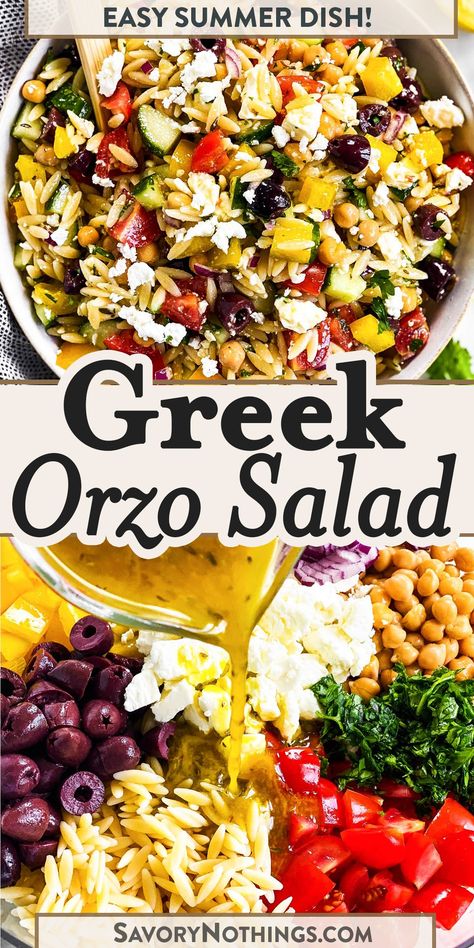 With a zingy Greek dressing and filled with fresh summer vegetables, this Greek Orzo Salad is going to be the biggest hit at all your summer barbecues! | #summerfood #salad #barbecue #grilling #summerrecipes #bbq Orzo Salad Dressing Recipe, Greek Salad With Meat, Marinated Greek Salad, Barbeque Salad Ideas, Summer Vegetable Salad Recipes, Greek Bbq Recipes, Mediterranean Bbq Ideas, Greek Inspired Salad, Summer Italian Recipes Dinners