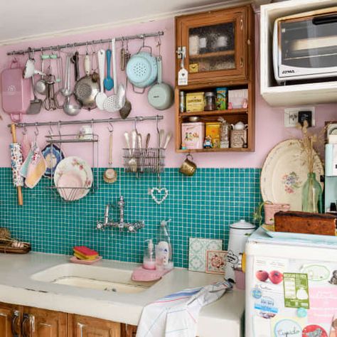 Maximal Kitchen Photos & Inspiration | Apartment Therapy Maximal Kitchen, Kitchen Cabinet Alternatives, Bohemian Style Rooms, Bohemian Style Kitchen, Pink Fridge, Swedish Kitchen, Upper Kitchen Cabinets, Kitchen Clutter, Bohemian Kitchen