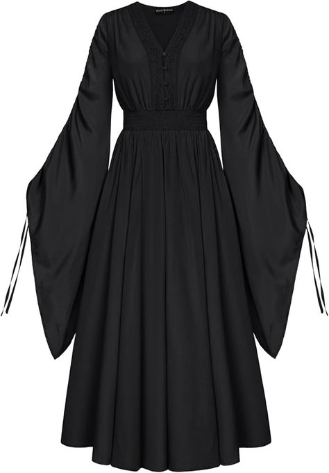 Black Medieval Dress, Black Dress Flowy, Witchy Dresses, Black Witch Dress, Witches Costumes For Women, Long Sleeve Flowy Dress, Witchy Dress, Diwali Dresses, Sleeve Long Dress