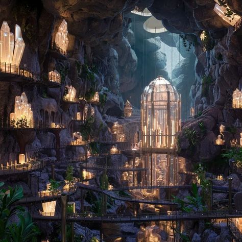 Underground City #architecture #building #construction #underground #art Underground Elven City, Underground Castle Fantasy Art, Underground World Concept Art, Underground Desert City, Underground Fantasy City, Underground City Fantasy Art, Cavern City, Underground Civilization, Underground Mansion