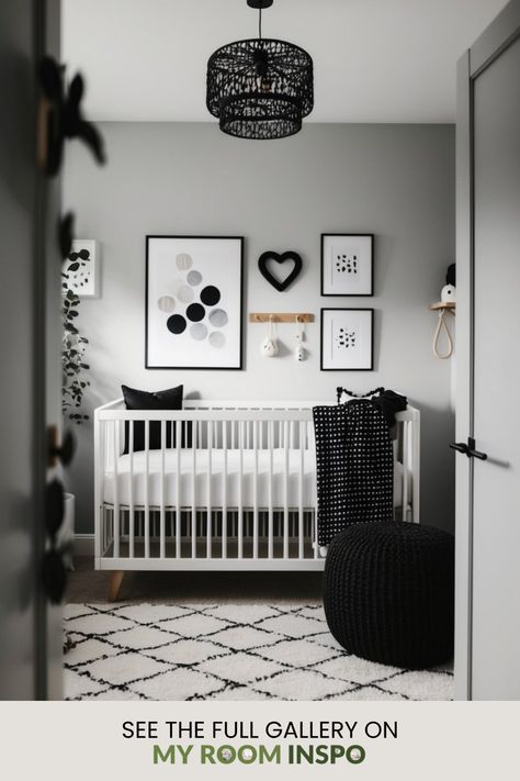 Explore these 57 stunning monochrome nursery ideas that perfectly blend elegance with comfort using neutral tones. This pin showcases beautiful designs, from sleek wall art to plush rugs, aimed at parents hoping for modern and stylish baby rooms, featuring 1 image. White And Black Nursery, Gray Gender Neutral Nursery, Black Crib, Black And White Nursery, Safari Animal Wall Art, Black Nursery, Plush Rugs, Simple Nursery, Monochrome Nursery