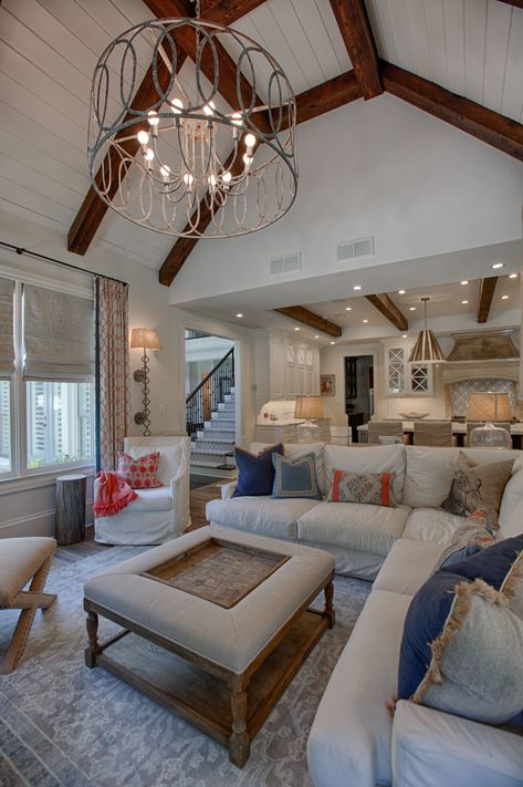 Vaulted Ceiling With Flat Peak, Flat Top Vaulted Ceiling, Painted Wood Ceiling With Beams, Semi Vaulted Ceiling, Farmhouse Keeping Room, Vaulted Wood Ceiling Living Room, Decor Shop Design, Stained Wood Beams, Vaulted Ceiling Beams