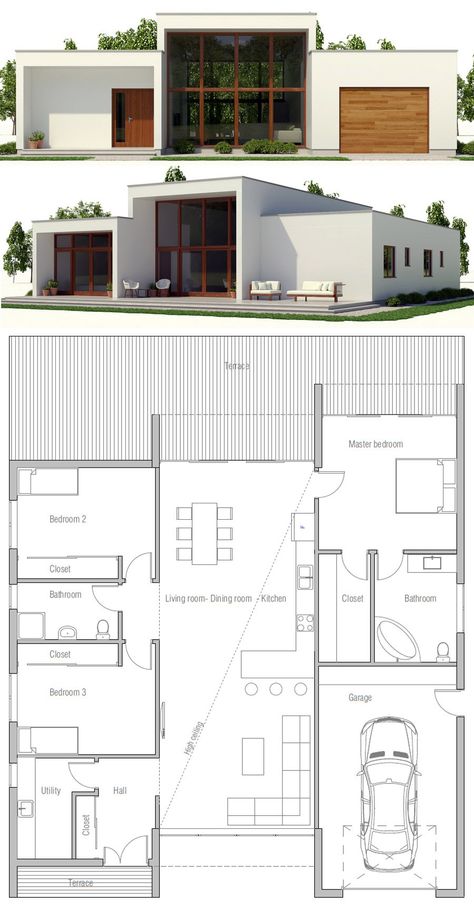 Minimalist House Plan, Contemporary House Designs, #contemporary #modernhome #minimalistliving #newhomes  #dwell #houzz Small Contemporary House Plans, Modern House Floor Plans, Modern Minimalist House, Minimalist House, Casa Country, Home Design Floor Plans, Sims House Plans, House Layout Plans, Model House Plan