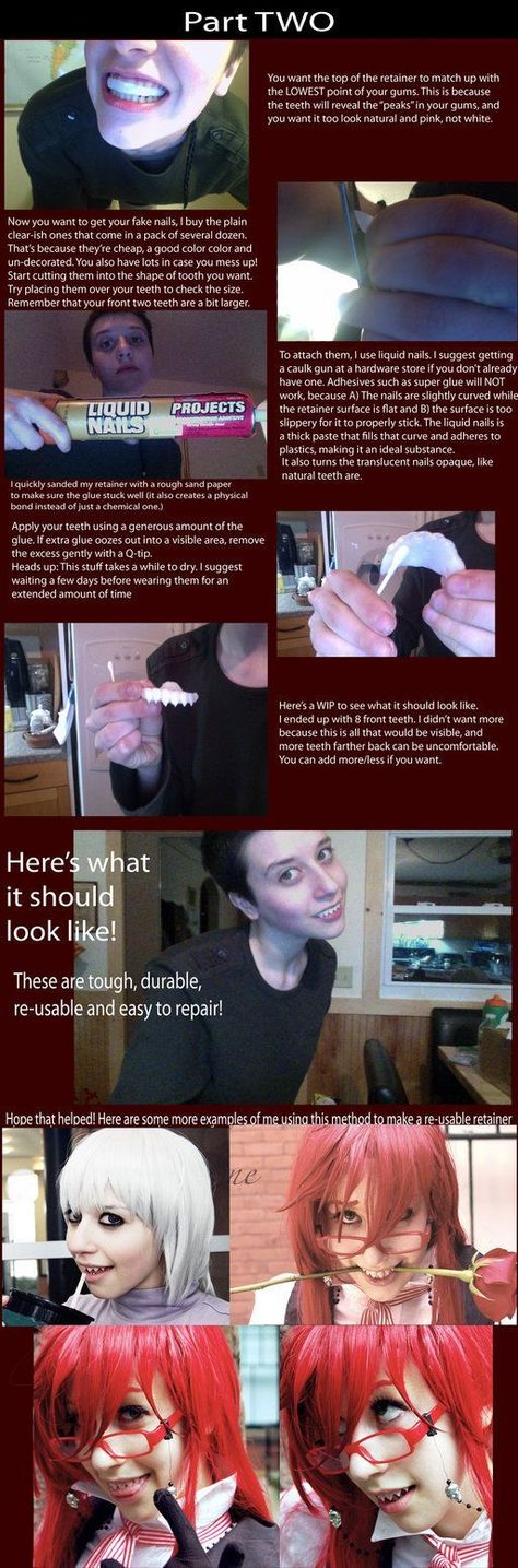 Teeth Nails: Teeth Nails: Cheap re-usable fake shark teeth tuto... Cosplay Teeth, Teeth Tutorial, Vamp Teeth, Grell Cosplay, Grell Sutcliff, Diy Cosplay, Fake Teeth, Costume Tutorial, Liquid Nails