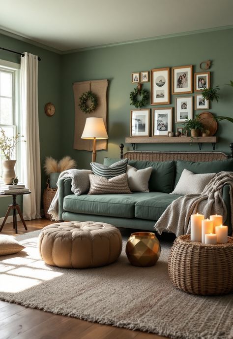 Sage Green Farmhouse Bedroom Eucalyptus Green Living Room, Nature Theme Living Room, Sage Green And Black Living Room, Sage Green Walls Living Room, Sage Green Home Office, Green Sitting Room, Sage Green Farmhouse Bedroom, Green Farmhouse Bedroom, Green Sunroom