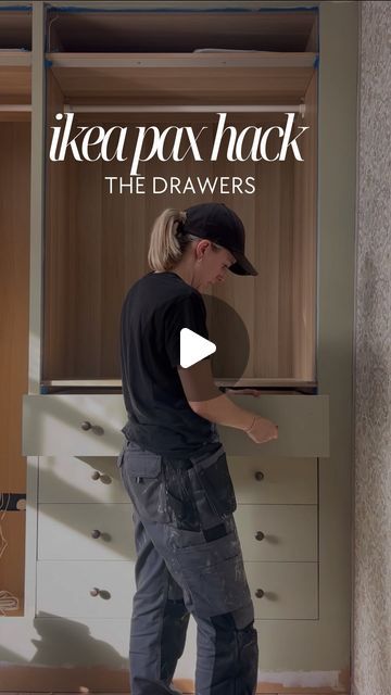 ALEX | DIY, Upcycling & Style on Instagram: "IKEA PAX HACK - THE DRAWER TUTORIAL 🙌🏼

my most asked question of this hack has been for the drawers.

Once you have finished framing all of the front of the cabinets with either mdf or your 36mm pine batons (if two units joining) then you can measure to work out what’s needed for your drawers. You want to measure the width & height of the space from your bottom piece of MDF up to the bottom of the middle shelf. Once you have this number, you want to subtract the allowance you have to leave for between the drawers & the central baton. I used 2mm tile spacers so had to subtract 10mm from my height. After you’ve done this you will then divide by 4 to get the height of the individual drawer fronts. Example, height between middle shelf and bottom Ikea Pax Drawer Hack, Wall Of Drawers, Pax Hack, Ikea Pax Hack, Ikea Drawers, Ikea Wardrobe, Tile Spacers, Closet Drawers, Most Asked Questions