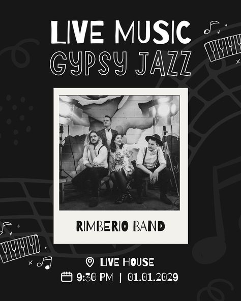 Black And White Monotone Illustrated Jazz Band Live Music Event Instagram (Portrait) 🖤 live, live music, jazz, event, concert, illustrated, performance, band, show, black and white 🖤 #canva #canvatemplate #canvacreatorthailand #freetemplate Live Music Poster, Portrait Template, Event Promo, Instagram Portrait, Jazz Band, Event Poster, Music Event, Black And White Portraits, Instagram Template