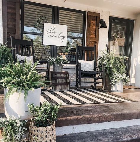 Front porch Black Rockers, Farmhouse ideas. Fromt Porch Decor, Black Rocking Chairs On Front Porch, Farmhouse Rocking Chairs, Farmhouse Porch Ideas, Front Porch Rocking Chairs, Rocking Chair Front Porch, Rocking Chair Porch, Black Patio, Porch Rocker