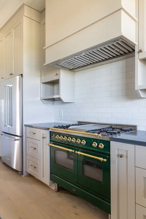 Large Oven In Kitchen, Large Range Stove, Green Oven Kitchen, Range And Fridge On Same Wall, Green Stove Range, Ilve Stove In Kitchen, Viking Stove Kitchen, Stove And Fridge On Same Wall, Black Stove Kitchen