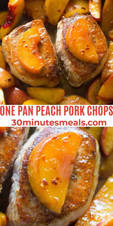 Peach Pork Chops are the perfect combination of sweet and savory. An easy and beautiful one-pan meal, ready in just 30 minutes. Pork Loin And Peaches Recipes, Peach Bbq Pork Chops, Pork Chops With Peach Salsa, Pork Chops With Peach Preserves, Peach Pork Chops Baked, Pork Loin Breakfast Recipes, Pork Chop And Peaches Recipes, Peach Main Dish Recipes, Mango Pork Chops