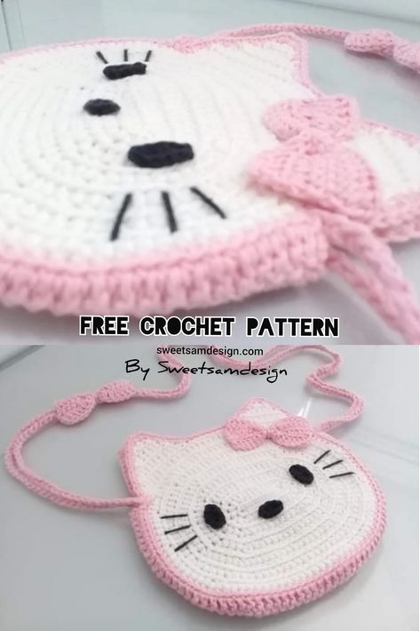 Crochet Kitty Purse, Hello Kitty Purse Crochet Free Pattern, Hello Kitty Crochet Bag Free Pattern, Hello Kitty Bag Crochet, Crochet Bag Pattern Free Easy Handbags, Hello Kitty Crochet Bag, Hello Kitty Crochet Pattern Free, Crochet Hello Kitty Bag, Crochet Messenger Bag