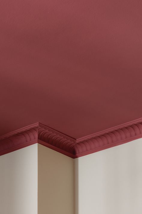 Ceiling painted in 'Red Spider'. Red Painted Ceiling, Dark Red Ceiling, Coloured Ceiling Kitchen, Red Ceiling Bathroom, Red Ceiling Bedroom, Dark Pink Ceiling, Muted Wall Colors, Pink Walls And Ceiling, Maroon Ceiling