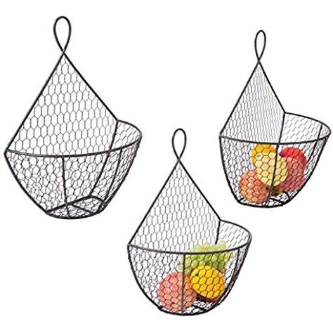 Wall Mounted Brown Metal Fruit Vegetable Baskets, Chicken Wire Hanging Produce Bins, Set of 3 Produce Bin, Black Wire Basket, Chicken Wire Basket, Hanging Basket Wall, Produce Baskets, Hanging Wire Basket, Wire Fruit Basket, Produce Storage, Hanging Fruit Baskets