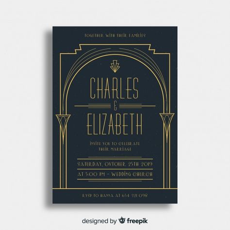 Elegant art deco wedding invitation | Free Vector #Freepik #freevector #wedding #wedding-invitation #vintage #invitation H Is For Heart, Art Deco Menu, Prom Poster, Art Deco Wedding Invitation, Prom Posters, Art Deco Invitations, Deco Wedding Invitations, Vintage Invitation, 19th Anniversary