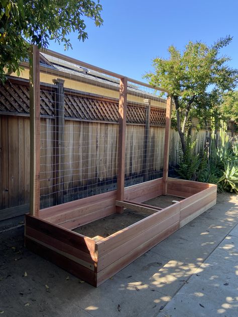 12' Garden box with trellis Garden Box With Trellis, Cheap Garden Beds, Garden Bed With Trellis, Colorado Garden, Backyard Planters, Raised Garden Beds Diy Vegetables, Planter Box With Trellis, Garden Hacks Diy, Planter Trellis