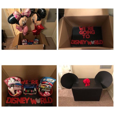 Disneyland Box Surprise, Disney Box Ideas, Disney Birthday Gifts, Disneyland Surprise Box Ideas, Disney World Surprise Box Ideas, Disneyland Surprise Ideas Kids, Disney Surprise Box Ideas, Disney Surprise Trip Reveal, Disney Basket