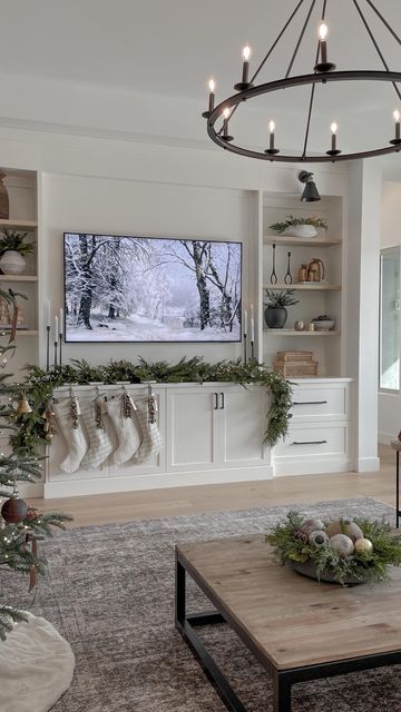 Christmas Built In Decor, Stocking Ideas With No Fireplace, Christmas Fireplace Mantle Decorations, Stockings On Fireplace, Fireplace Styles, Christmas Feels, Xmas Fireplace, Tv Built In, Eucalyptus Stems