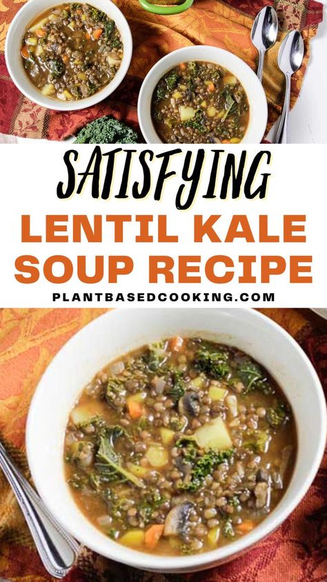 Feast on this Hearty Lentil Kale Soup, a perfect dinner option packed with nutrient-rich lentils, kale, and other veggies. Versatile lentils offer a nutritious punch, while additions like potato make the dish ultra-hearty. This soup is ideal for a quick and easy lunch on the run as it freezes well. Enjoy the blend of garlic and veggies that make a delicious, nutritious and powerful way to ward off colds during the cooler months. Lentils And Kale Recipe, Lentil Kale Soup, Lentil Kale, Lentil Potato Soup, Potatoes And Kale, Protein Vegan Recipes, Kale Soup Recipes, Plant Based Soups, Plant Based Lunch