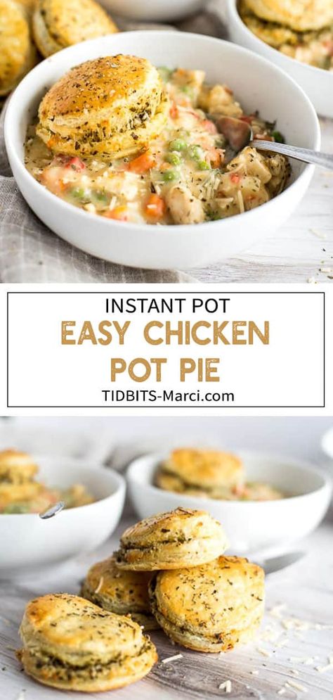 Instant Pot Easy Chicken Pot Pie is a healthier version of the classic and comes together in a snap with the help of an electric pressure cooker.  Creamy, stew-like chicken and veggies and a unique pesto filled puff pastry! #instantpot #chickenpotpie #instantpotdinner #easydinner || tidbits-marci.com Pesto Puff Pastry, Filled Puff Pastry, Instant Pot Chicken Pot Pie, Instant Pot Easy, Best Chicken Pot Pie, Chicken Pot Pie Filling, Chicken And Veggies, Easy Chicken Pot Pie, Pot Pies Recipes