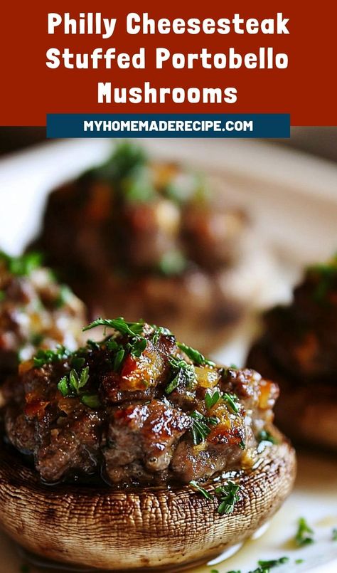 Hamburger Stuffed Portabella Mushrooms, Asian Stuffed Mushrooms, Portable Mushroom Recipes, Beef Stuffed Mushrooms, Smoked Portabella Mushrooms, Smoker Snacks, Steak Stuffed Mushrooms, Healing Meals, Hearty Appetizer