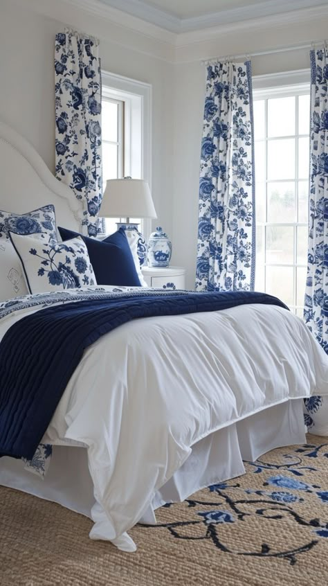 Elevate your bedroom with these stunning blue and white bedroom ideas! Discover elegant designs to create a serene oasis. Country Room Ideas Bedroom, Blue And White Bedroom Ideas, Chinoiserie Bedroom, Blue And White Bedroom, Blue White Bedroom, Costal Bedroom, Ashley Bedroom, Blue Bedroom Ideas, White Bedroom Ideas