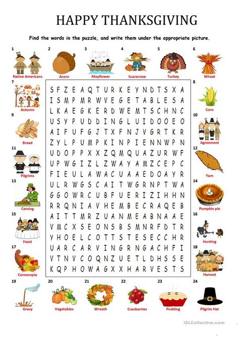 HAPPY THANKSGIVING - WORDSEARCH PUZZLE - English ESL Worksheets for distance learning and physical classrooms Thanksgiving Crossword Puzzle, Thanksgiving Crossword, Thanksgiving Puzzle, Thanksgiving Word Search, Thanksgiving Worksheets, Thanksgiving Messages, Thanksgiving Words, Making Words, Thanksgiving Art