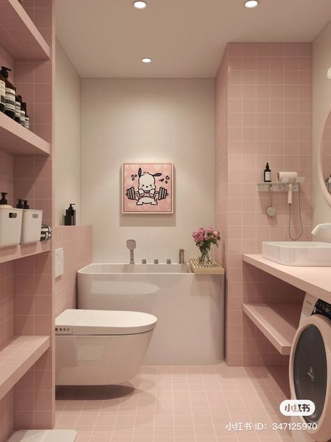 Minimal Pink Bathroom, Coquette Toilet, White And Pink Bathroom, Bathroom Coquette, Coquette Room Ideas, Bedrooms Decorations, House Plan Interior, Bedroom With Balcony, Onyx Tile