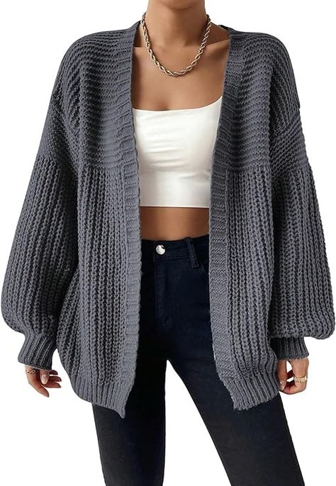 MakeMeChic Women's Casual Open Front Lantern Long Sleeve Chunky Knit Cardigan Sweaters Black XS at Amazon Women’s Clothing store Drop Shoulder Cardigan, Cardigan Casual, Long Sleeve Knitted Cardigan, Drop Shoulder Sweaters, Cable Knit Cardigan, Casual Design, Plus Size Kleidung, Ribbed Knit Sweater, Long Sleeve Cardigan